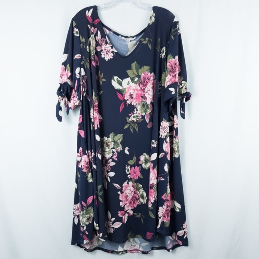 Emerald Floral Tie Sleeve V Neck Mini Dress Womens 3X Pockets Stretch Navy Pink
